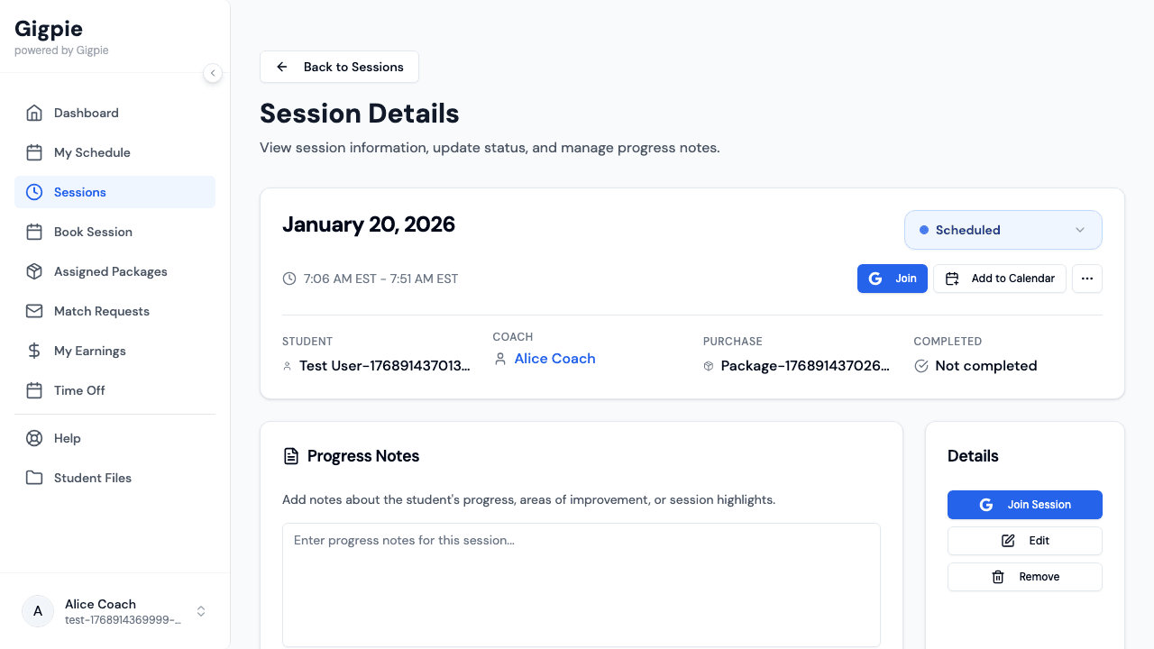 Select the affected session